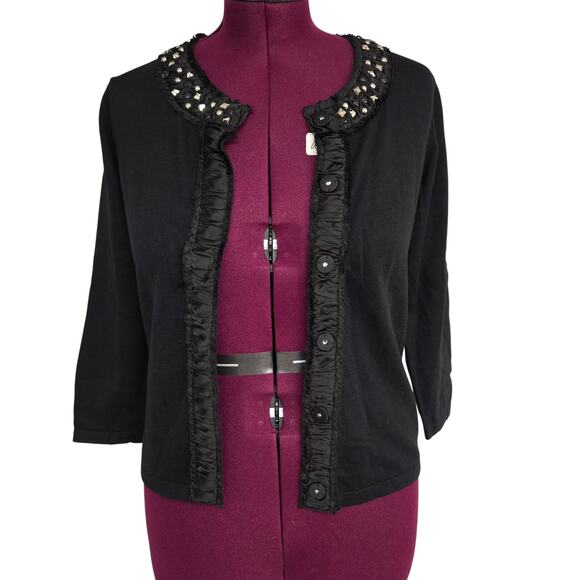 Women's Rafaella Black Beaded Collar 3/4 Sleeve Snap Close Cardigan - Size Large - Picture 1 of 8